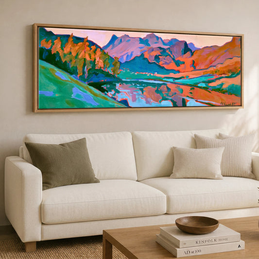 Vibrant Langdale Pikes Sunset Fells Lake District Lake panoramic canvas wall art displayed above a sofa