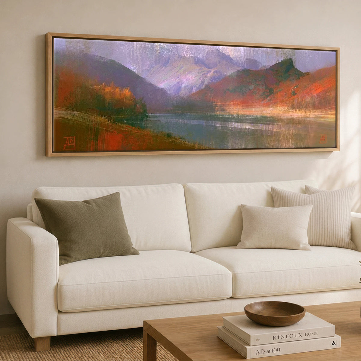 Autumn Colours at Blea Tarn Lake District Lake panoramic canvas wall art displayed above a sofa