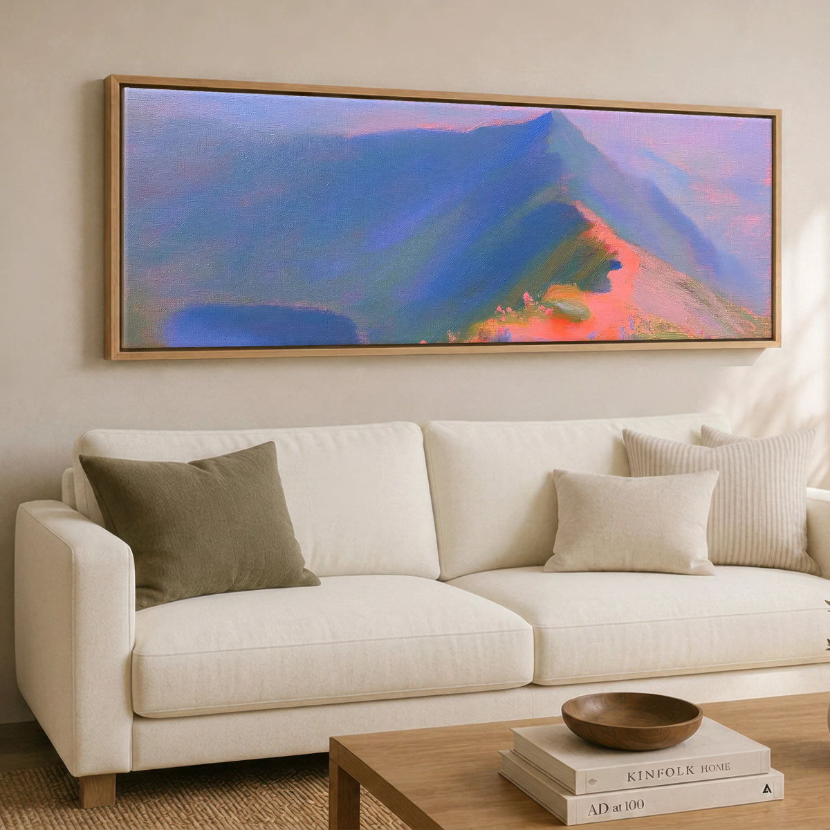 Striding Edge in Pink Twilight Lake District Walking panoramic canvas wall art displayed above a sofa