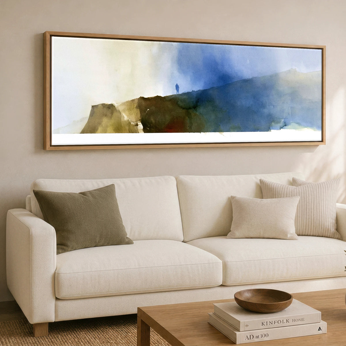 Striding Edge Fell Walker Silhouette Lake District Walking panoramic canvas wall art displayed above a sofa