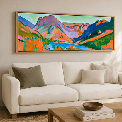 Vibrant Sunset over Buttermere Valley Lake District Lake panoramic canvas wall art displayed above a sofa