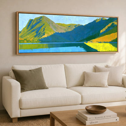 Sunlight and Shadow on Wast Water Screes Lake District Lake panoramic canvas wall art displayed above a sofa