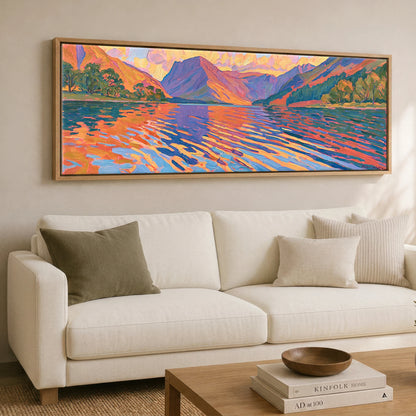 Sunset Glow over Wastwater Fells Lake District Lake panoramic canvas wall art displayed above a sofa