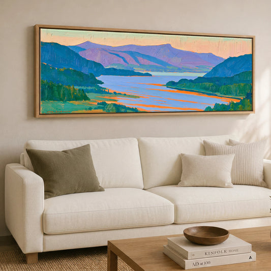 Radiant Light on Derwentwater Lake District Lake panoramic canvas wall art displayed above a sofa
