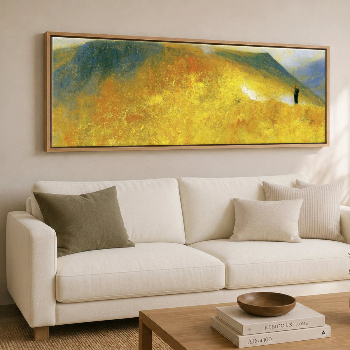 Golden Ridge Walk on Striding Edge Lake District Walking panoramic canvas wall art displayed above a sofa