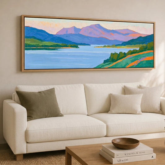 Vibrant Fells Above Coniston Water Lake District Village panoramic canvas wall art displayed above a sofa