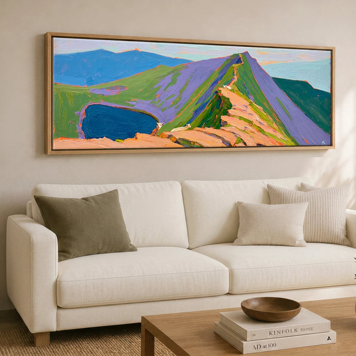 Vivid Striding Edge to Helvellyn Lake District Walking panoramic canvas wall art displayed above a sofa