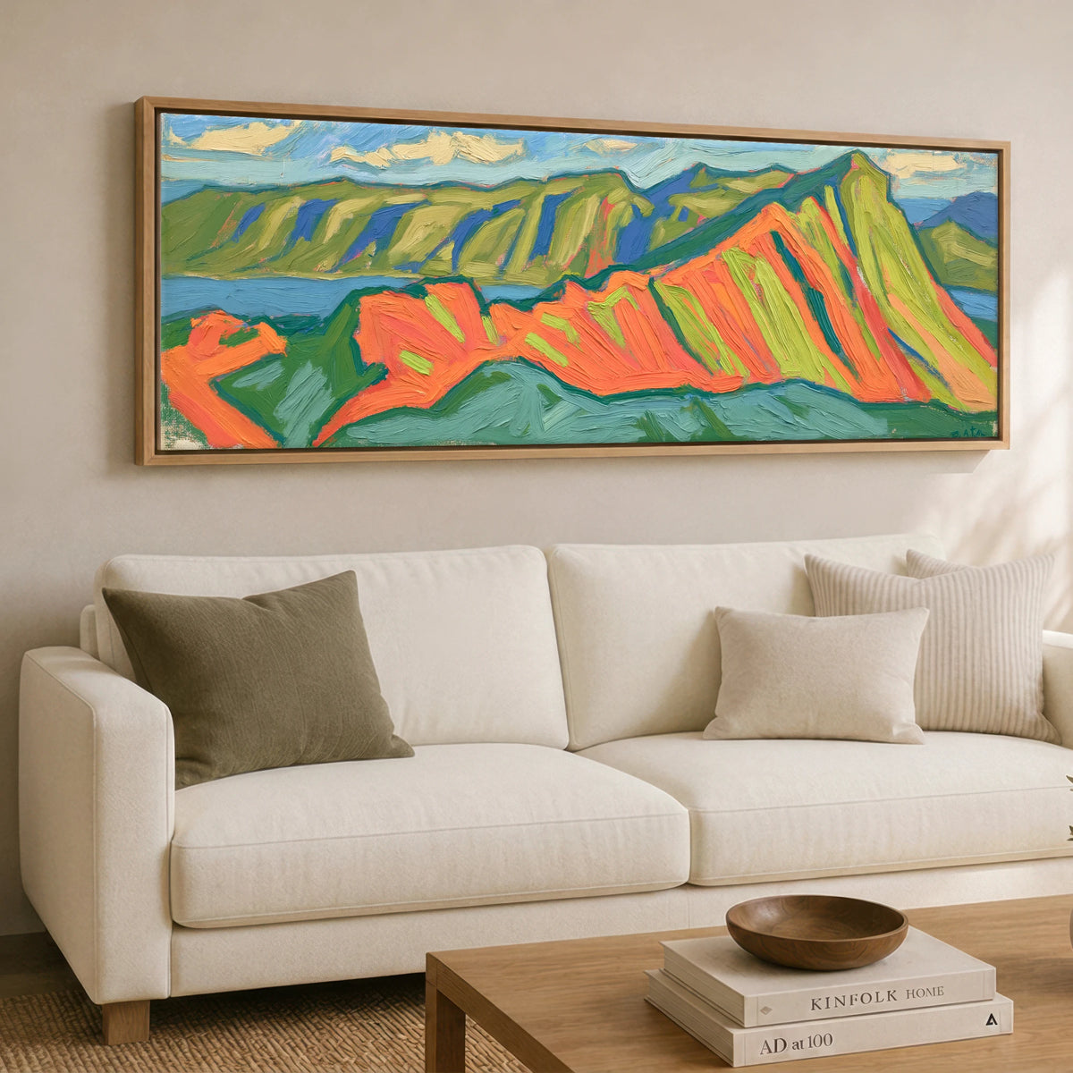 Vibrant Striding Edge Ridge Lake District Walking panoramic canvas wall art displayed above a sofa