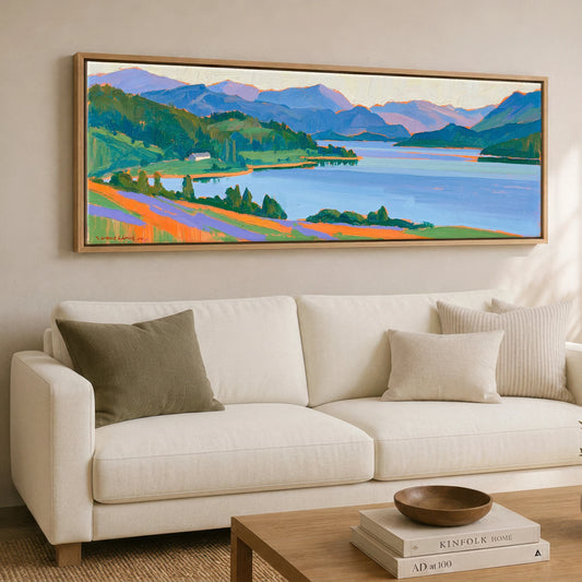 Keswick Lake and Vibrant Fells Lake District Village panoramic canvas wall art displayed above a sofa