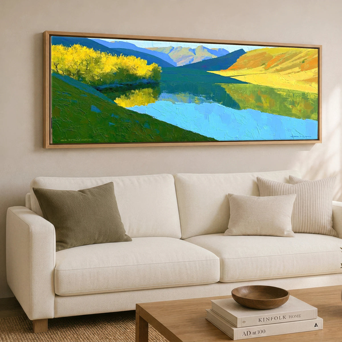 Azure Mountains and Golden Lake Fells Lake District Lake panoramic canvas wall art displayed above a sofa