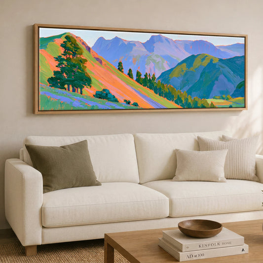 Vibrant Fells of Great Langdale Lake District Valley panoramic canvas wall art displayed above a sofa