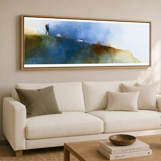 Fell Walker on Moody Striding Edge Lake District Walking panoramic canvas wall art displayed above a sofa