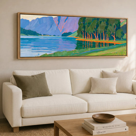Vivid Buttermere Shoreline and Fells Lake District Lake panoramic canvas wall art displayed above a sofa