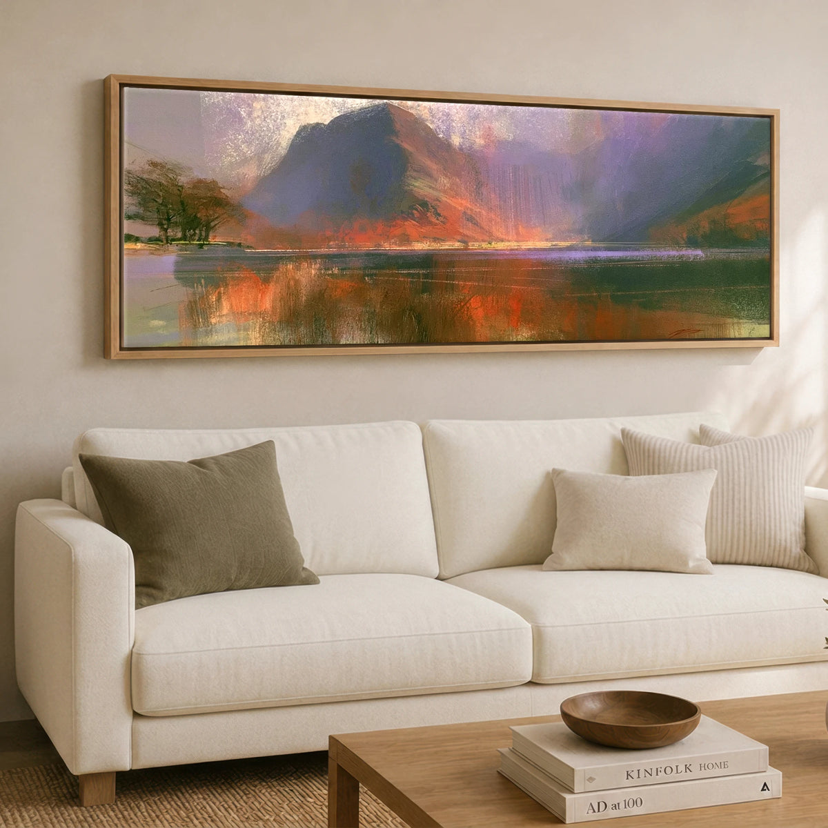 Violet Fells Above Buttermere Lake District Lake panoramic canvas wall art displayed above a sofa