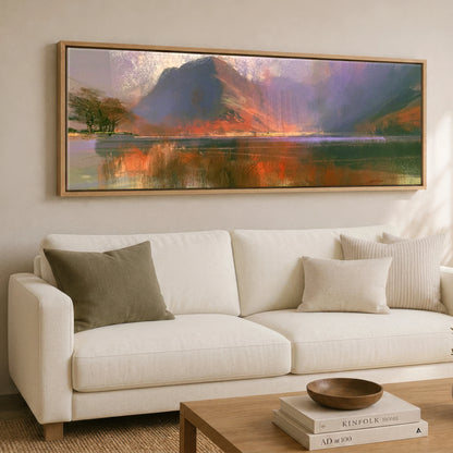 Violet Fells Above Buttermere Lake District Lake panoramic canvas wall art displayed above a sofa