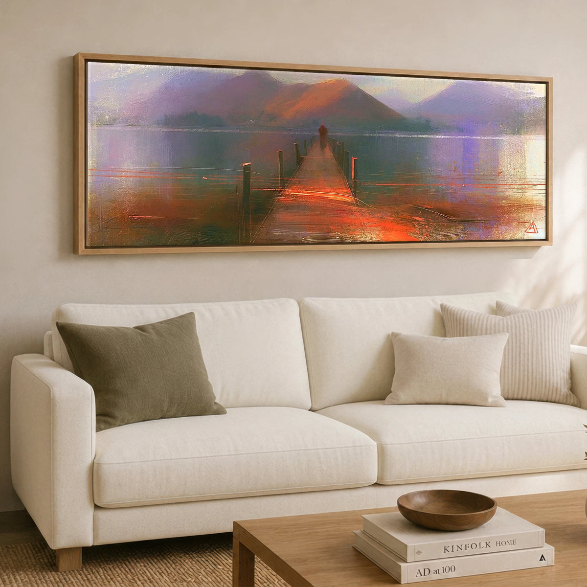 Derwentwater Jetty under Violet Fells Lake District Lake panoramic canvas wall art displayed above a sofa