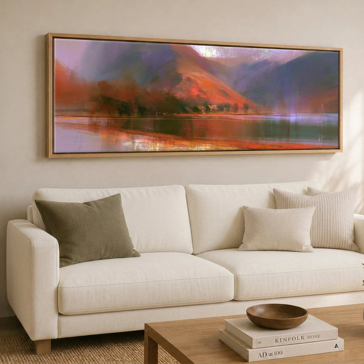 Fleetwith Pike in Warm Light Lake District Lake panoramic canvas wall art displayed above a sofa