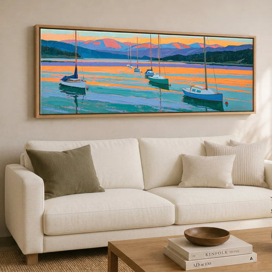 Vivid Windermere Winter Sunset Lake District Sky panoramic canvas wall art displayed above a sofa