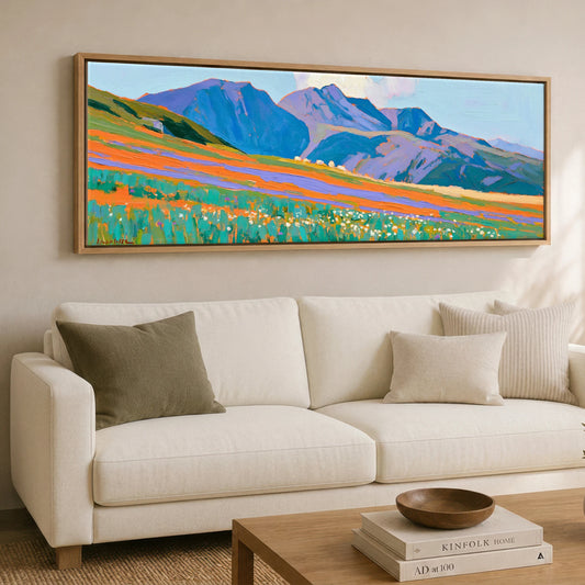 Bowfell in Vibrant Summer Colours Lake District Fell panoramic canvas wall art displayed above a sofa
