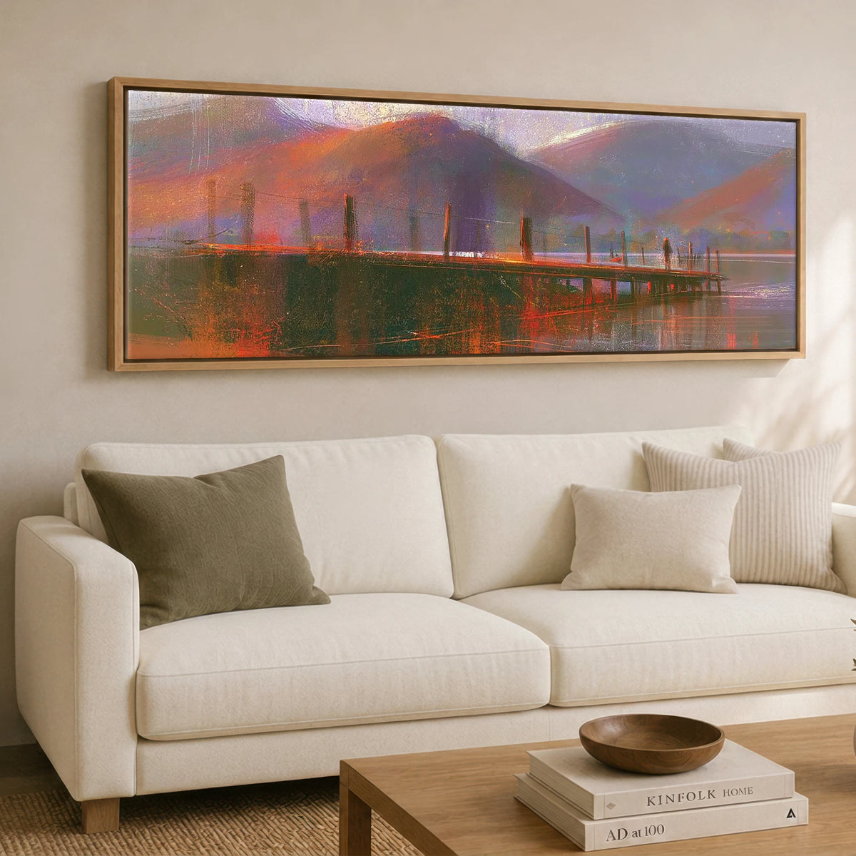 Derwentwater Jetty in Violet and Russet Lake District Lake panoramic canvas wall art displayed above a sofa