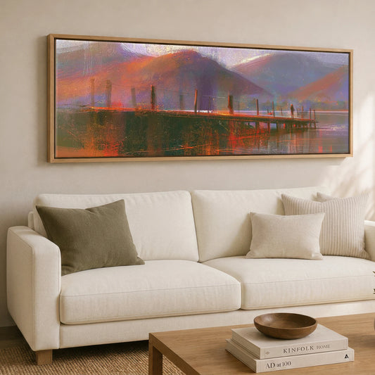 Derwentwater Jetty in Violet and Russet Lake District Lake panoramic canvas wall art displayed above a sofa