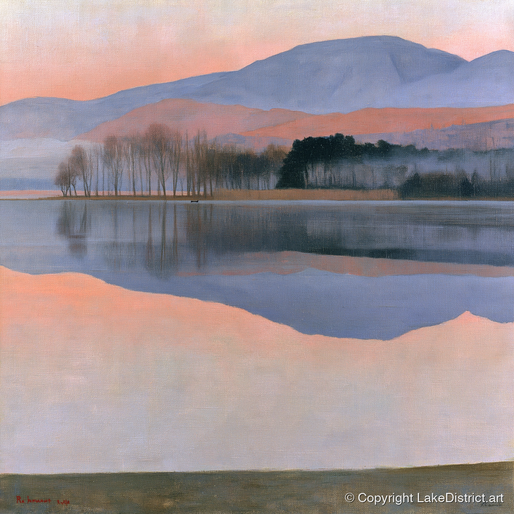 Pastel Dawn Lake Reflection - lake district lake art print and canvas by Alistair Thorne A.I