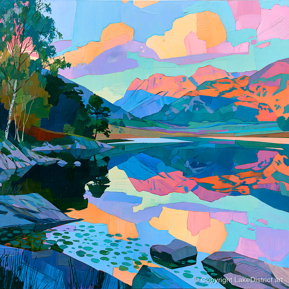 Pastel Dawn Over Still Lake - lake district lake art print and canvas by Sylvia Carmichael A.I