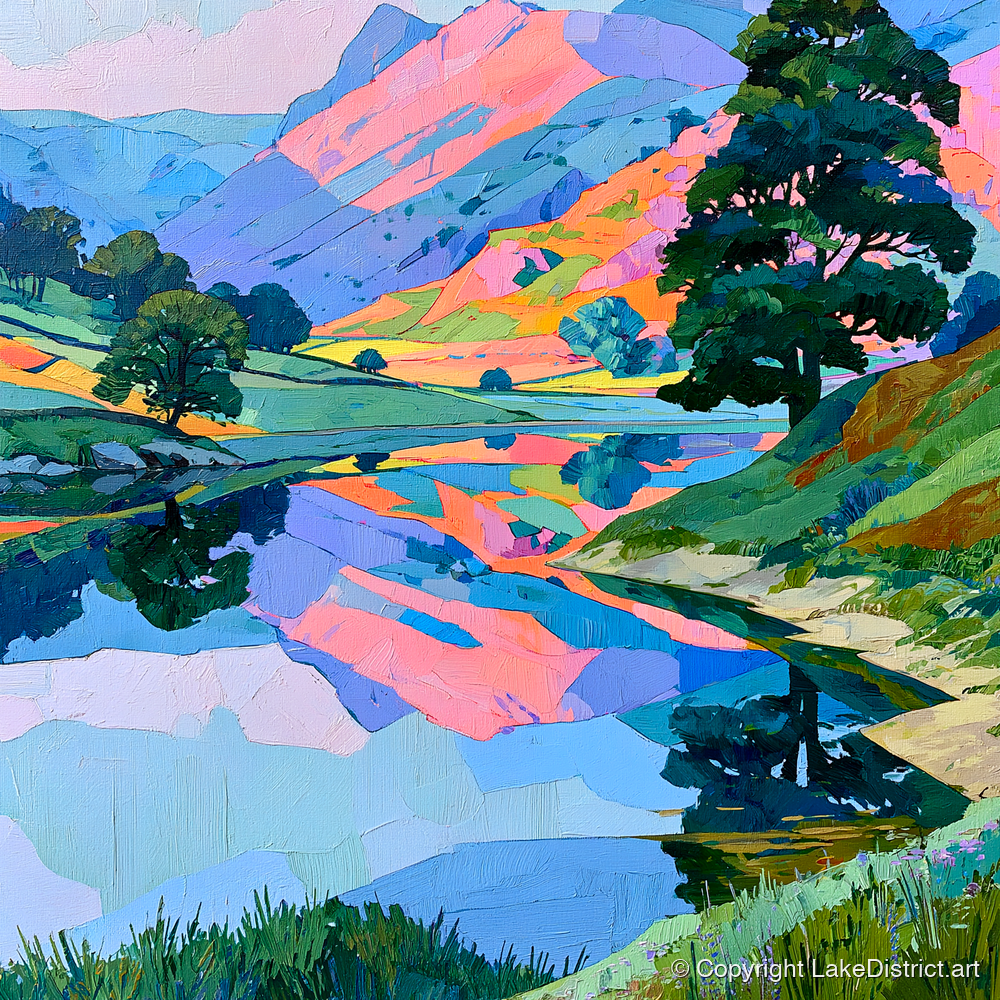 Pastel Fells and Calm Lake Reflections - lake district lake art print and canvas by Sylvia Carmichael A.I