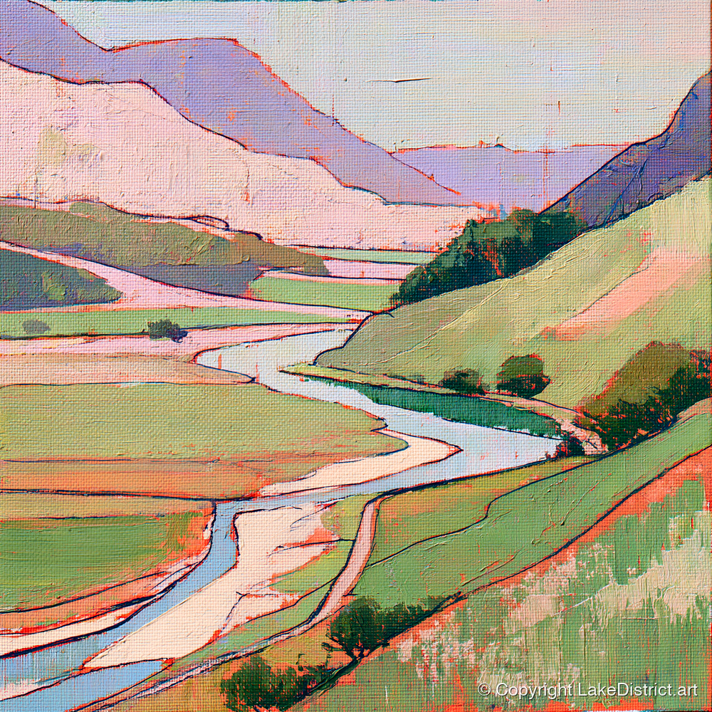 Pastel Fells and Winding River - lake district waterfall art print and canvas by Cedric Montgomery A.I
