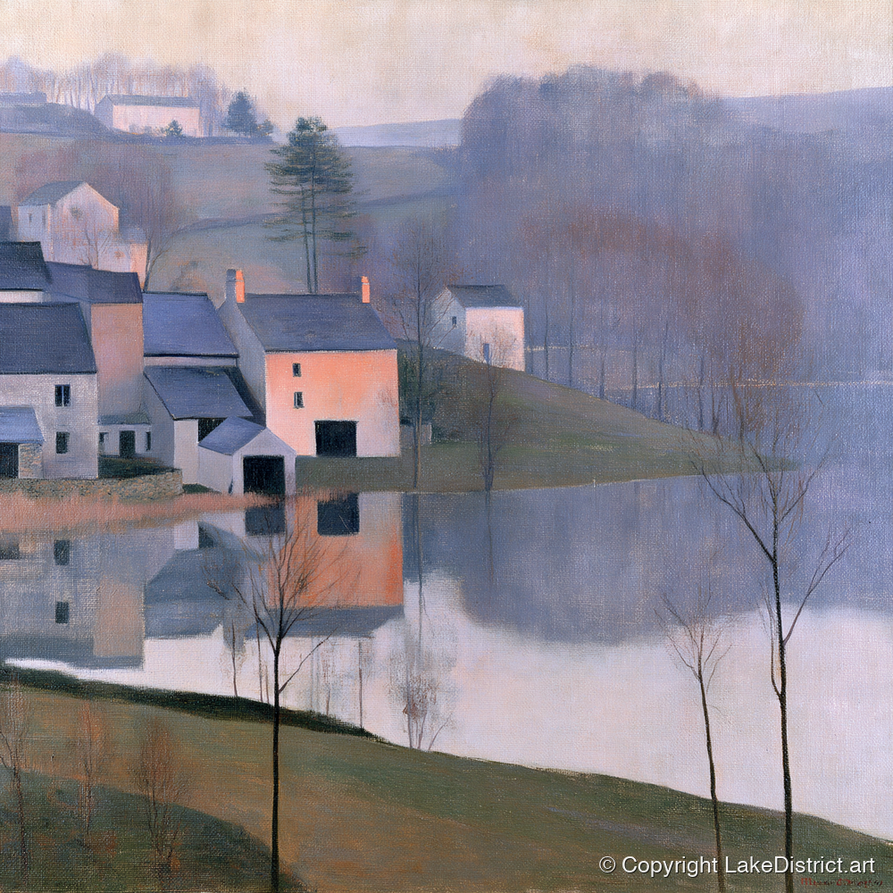 Pastel Lakeside Village Reflections - lake district village art print and canvas by Alistair Thorne A.I
