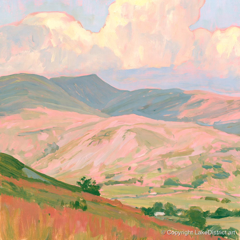 Pastel Light on Rolling Fells - lake district fell art print and canvas by Florence Hadley A.I