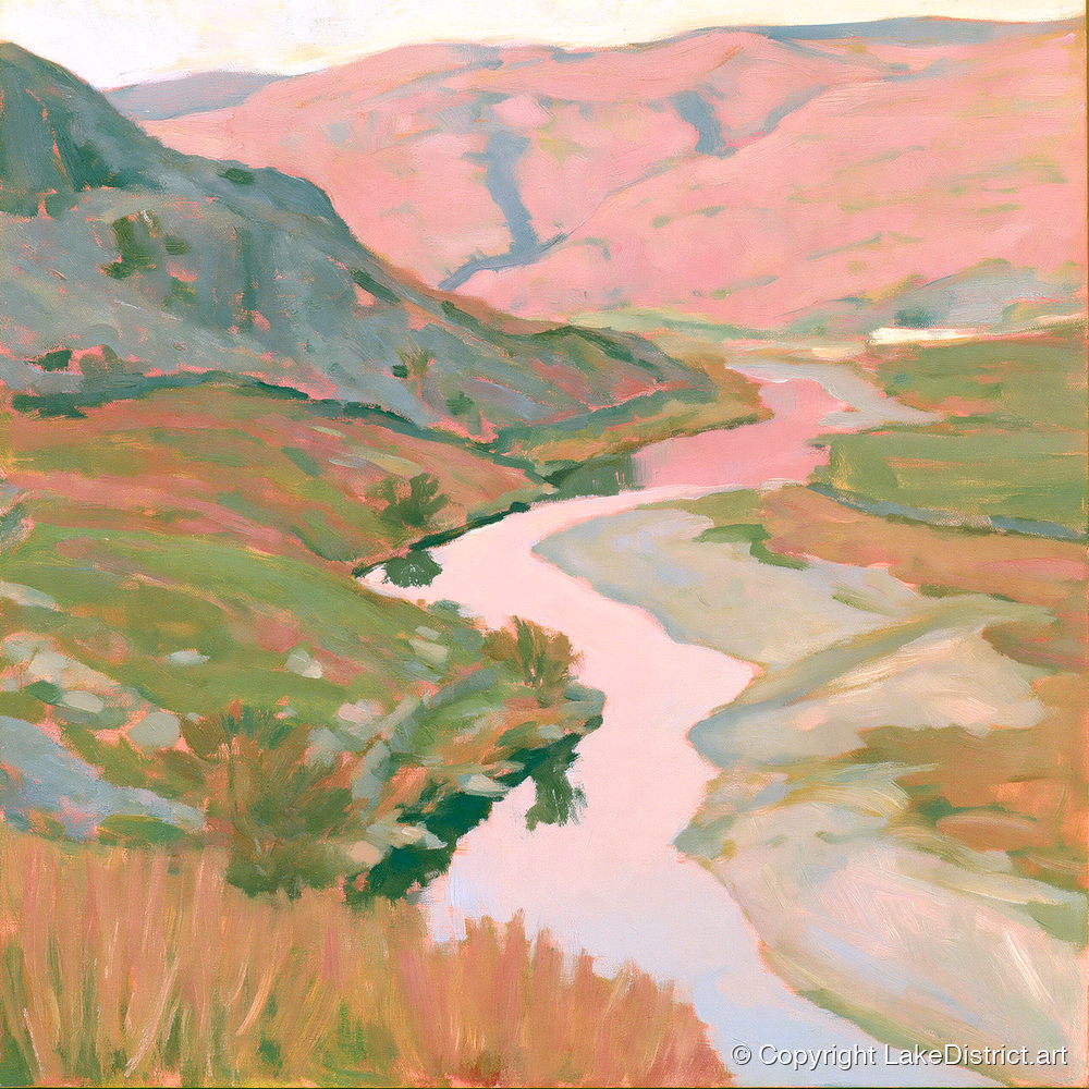 Pastel Light Over Valley River - lake district waterfall art print and canvas by Florence Hadley A.I