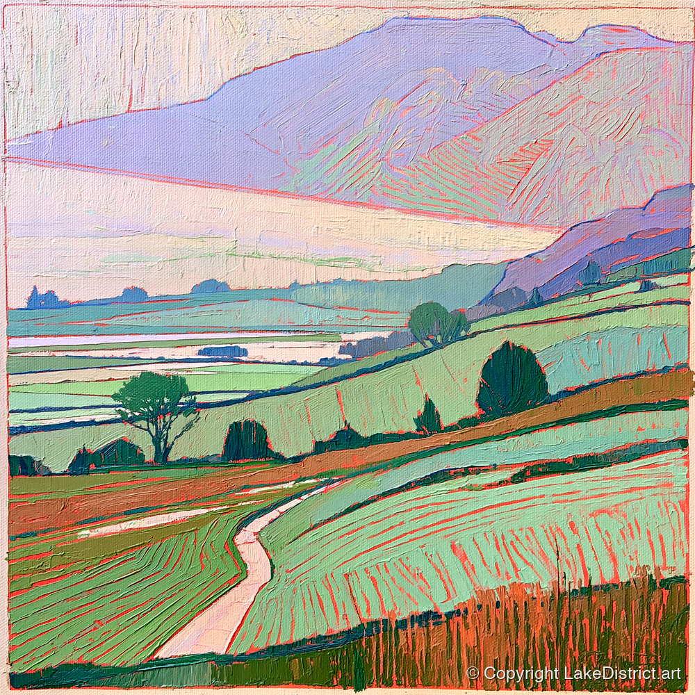 Pastel Mist Over Valley Fields - lake district sky art print and canvas by Cedric Montgomery A.I