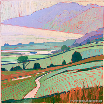 Pastel Mist Over Valley Fields - lake district sky art print and canvas by Cedric Montgomery A.I