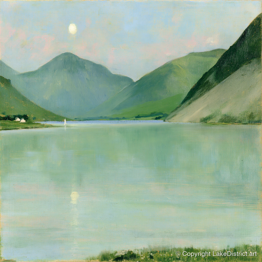 Pastel Moonrise Over Wastwater - lake district sky art print and canvas by Charles Waverly A.I