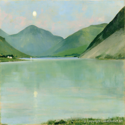 Pastel Moonrise Over Wastwater - lake district sky art print and canvas by Charles Waverly A.I
