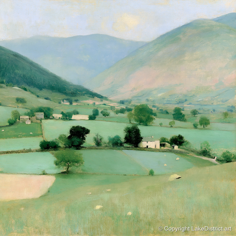 Patchwork Fields Beneath Hazy Fells - lake district valley art print and canvas by Charles Waverly A.I