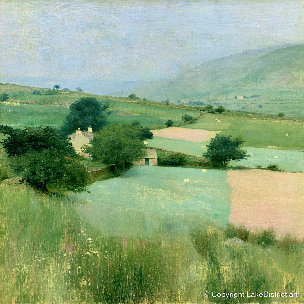 Patchwork Pastures in a Lakeland Dale - lake district valley art print and canvas by Charles Waverly A.I