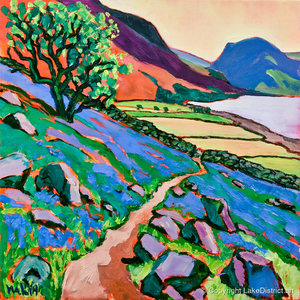 Path Through Vivid Rannerdale Bluebells - lake district lake art print and canvas by Gideon Wright A.I