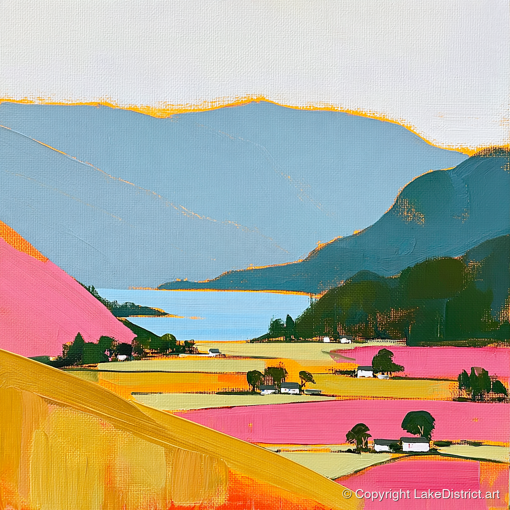 Patterdale Valley in Bold Colour - lake district village art print and canvas by Genevieve Moore A.I
