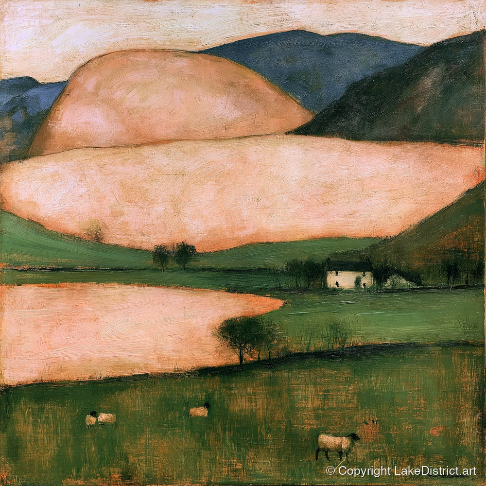 Peach Fells And Valley Farm - lake district sky art print and canvas by Arabella Knight A.I