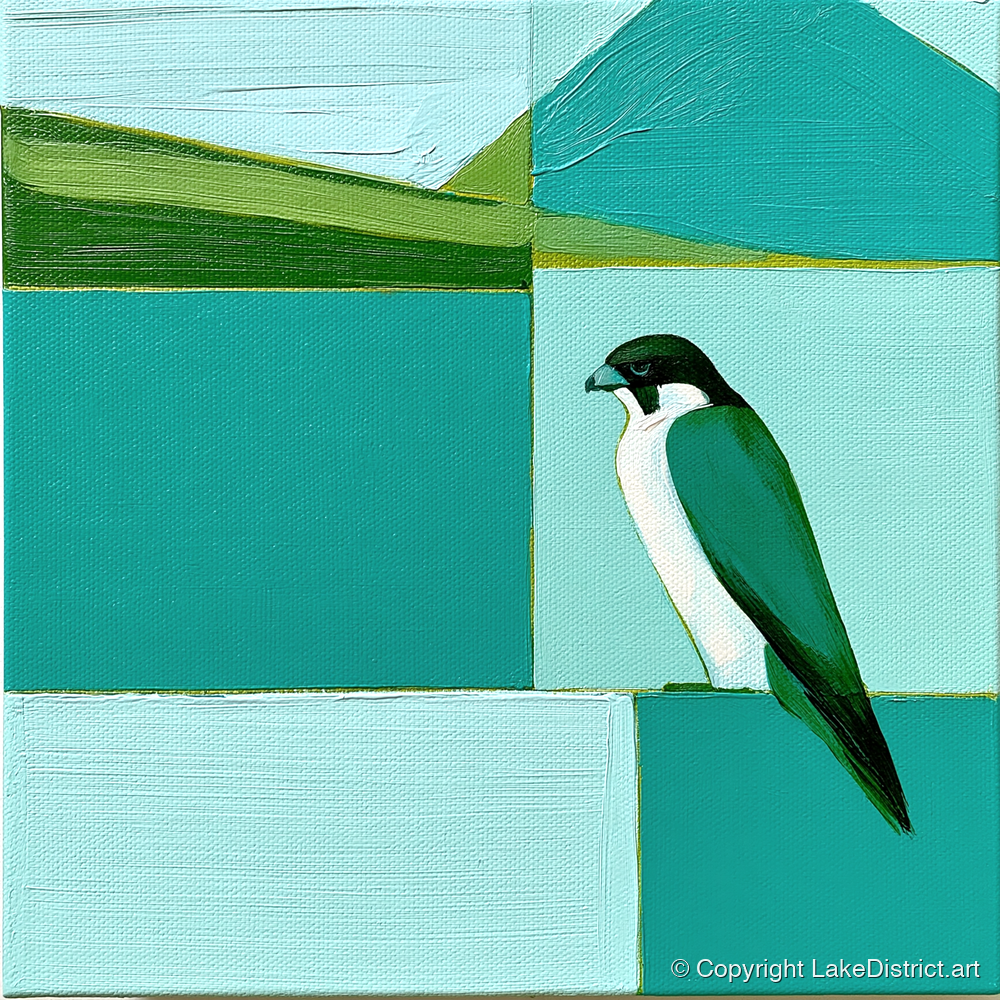 Peregrine Falcon Against Teal Fells - lake district wildlife art print and canvas by Sebastian Finch A.I
