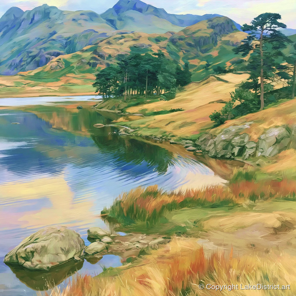 Pine Copse by the Fellside Lake - lake district lake art print and canvas by Henry Cavendish A.I