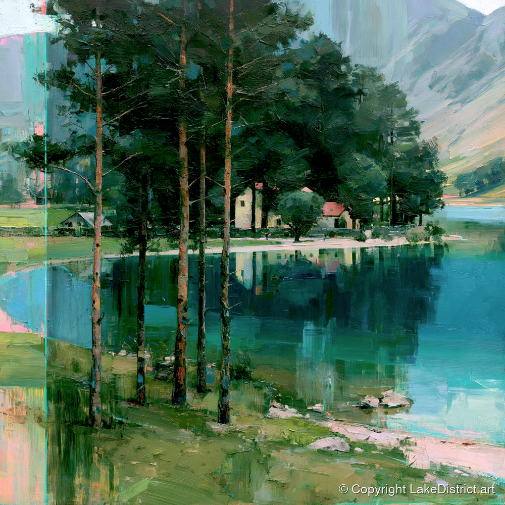 Pine Trees on Buttermere Shoreline - lake district lake art print and canvas by Quentin Hart A.I