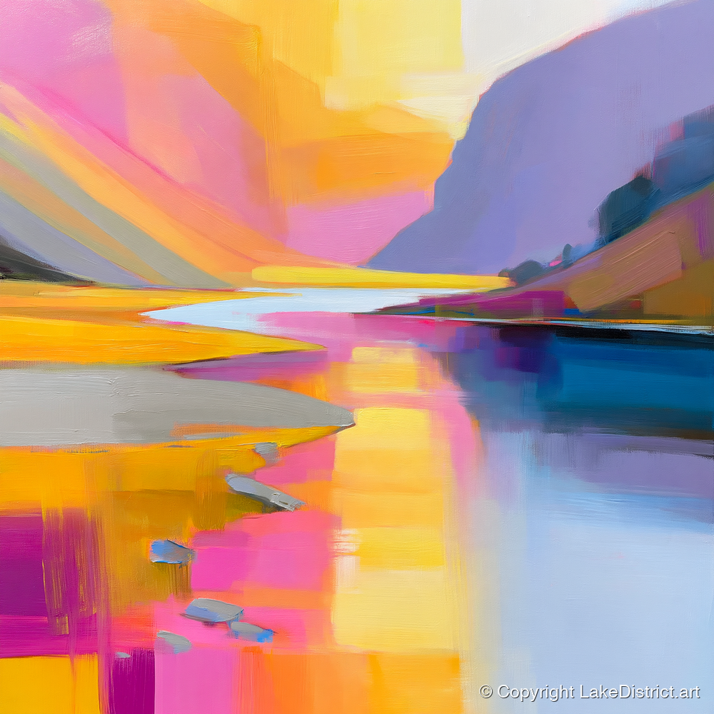 Pink and Gold River Valley - lake district waterfall art print and canvas by Imogen Tate A.I