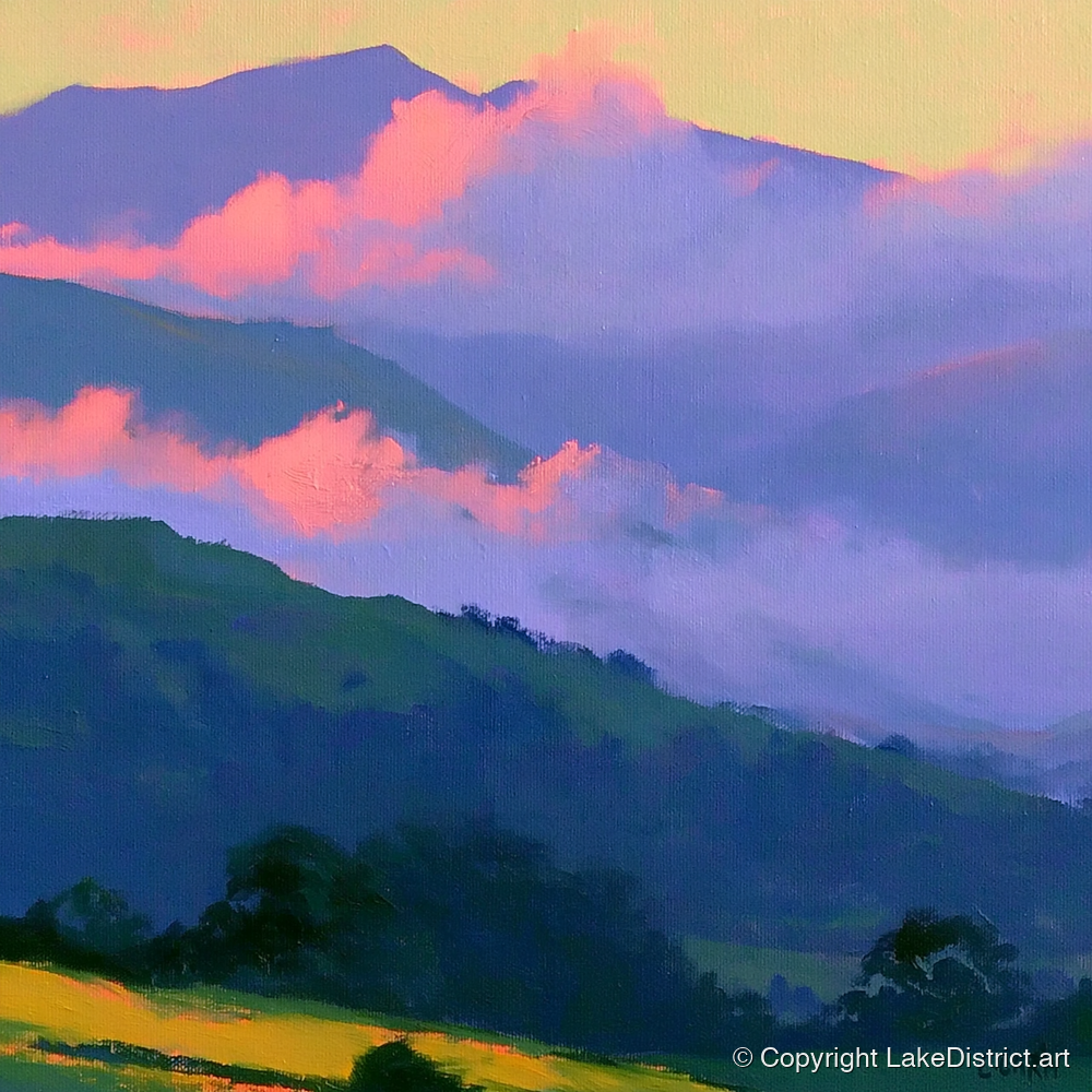 Pink Clouds Over Rolling Fells - lake district fell art print and canvas by Edmund Thatcher A.I