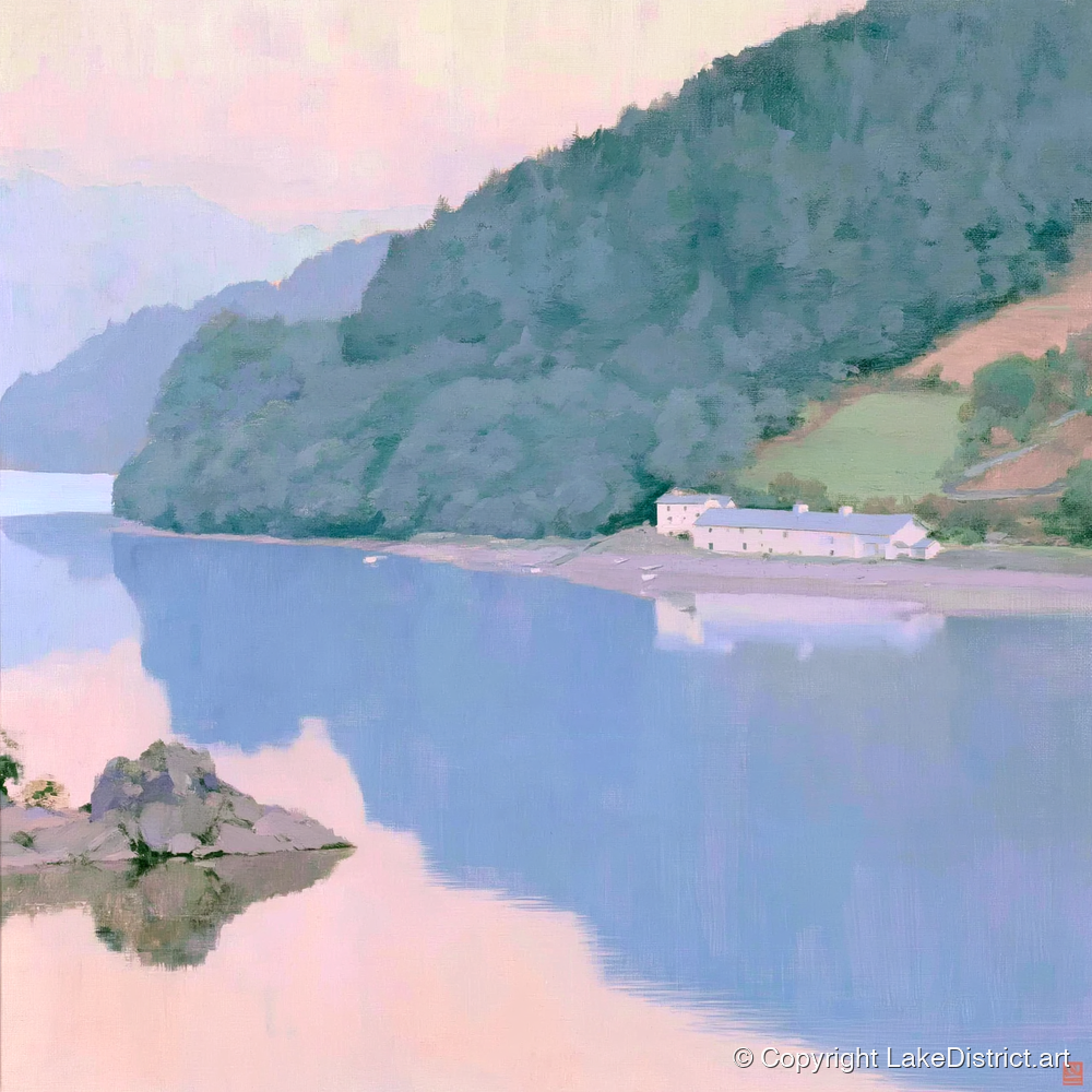 Pink Dawn on Coniston Water - lake district lake art print and canvas by Oliver Trent A.I