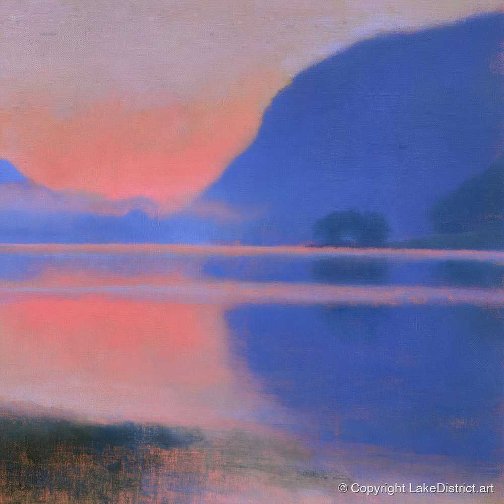 Pink Dawn Over Still Lake - lake district lake art print and canvas by Theodore Vance A.I