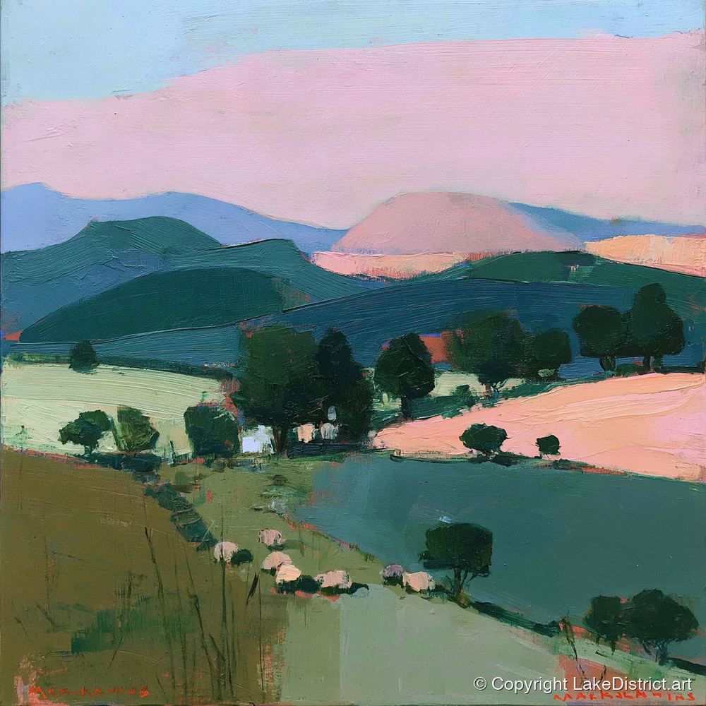 Pink Evening Light on Lakeland Fells - lake district sky art print and canvas by Diana Sutherland A.I