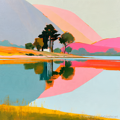 Pink Fells and Lake Reflections - lake district lake art print and canvas by Genevieve Moore A.I